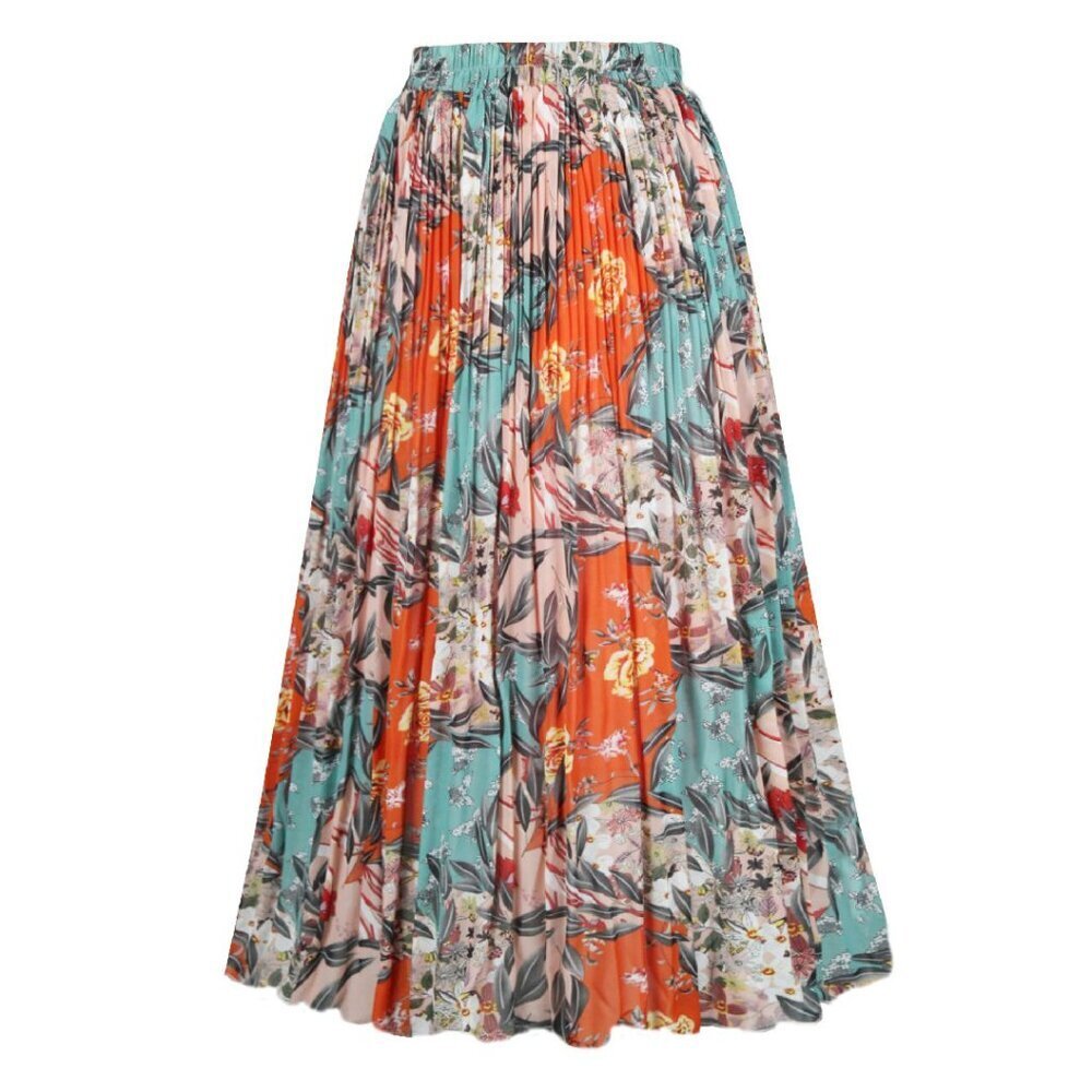 Chiffon Pleated Skirt Elastic High Waist A-Line Midi Casual Party